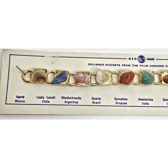 Vtg 70s Geo Gems Polished Gemstone Nugget Link Bracelet Gold Tone 6.5" - Picture 2 of 3